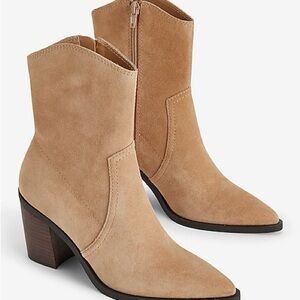 NWOT Express Genuine Leather Pointed Toe Western Booties Tan Suede